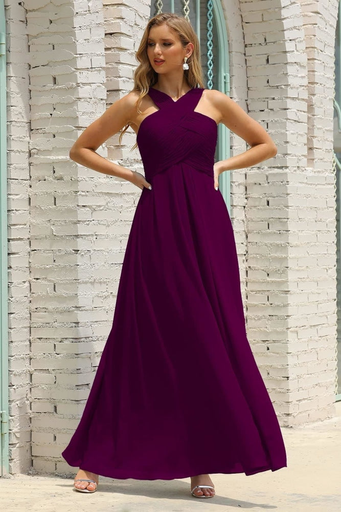 Numbersea Women Halter Chiffon Bridesmaid Dress A-line Long Formal Prom Gown SEA28015-numbersea