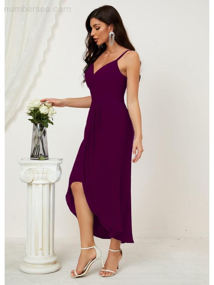 Numbersea Spaghetti Chiffon V Neck Bridesmaid Dress Mid-Length Slit Formal Prom Dress Homecoming Dress 2803-numbersea