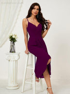 Numbersea Spaghetti Chiffon V Neck Bridesmaid Dress Mid-Length Slit Formal Prom Dress Homecoming Dress 2803-numbersea