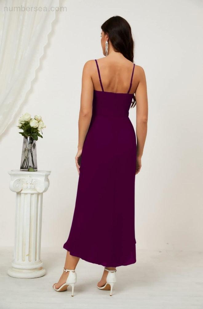 Numbersea Spaghetti Chiffon V Neck Bridesmaid Dress Mid-Length Slit Formal Prom Dress Homecoming Dress 2803-numbersea