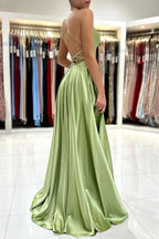 Green Satin Simple A Line Backless Long Prom Dresses with Leg Slit
