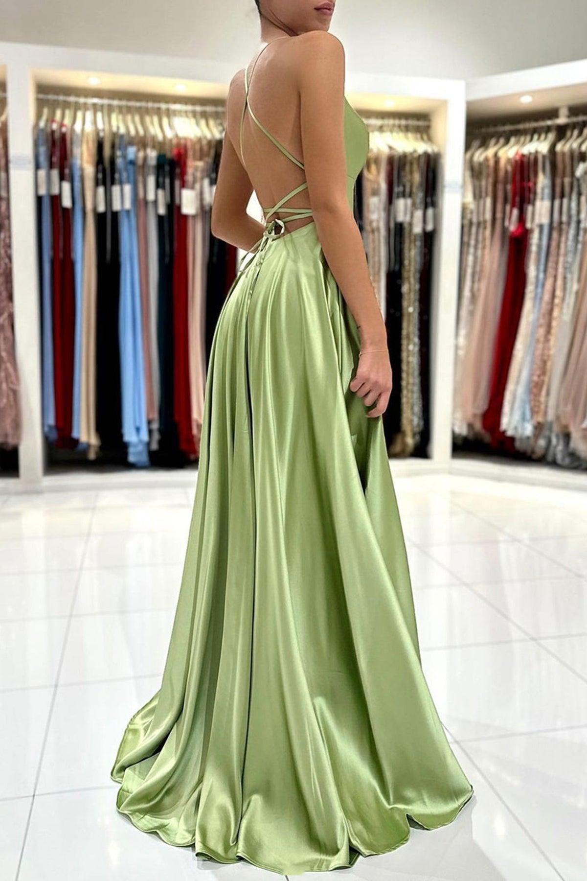 Green Satin Simple A Line Backless Long Prom Dresses with Leg Slit