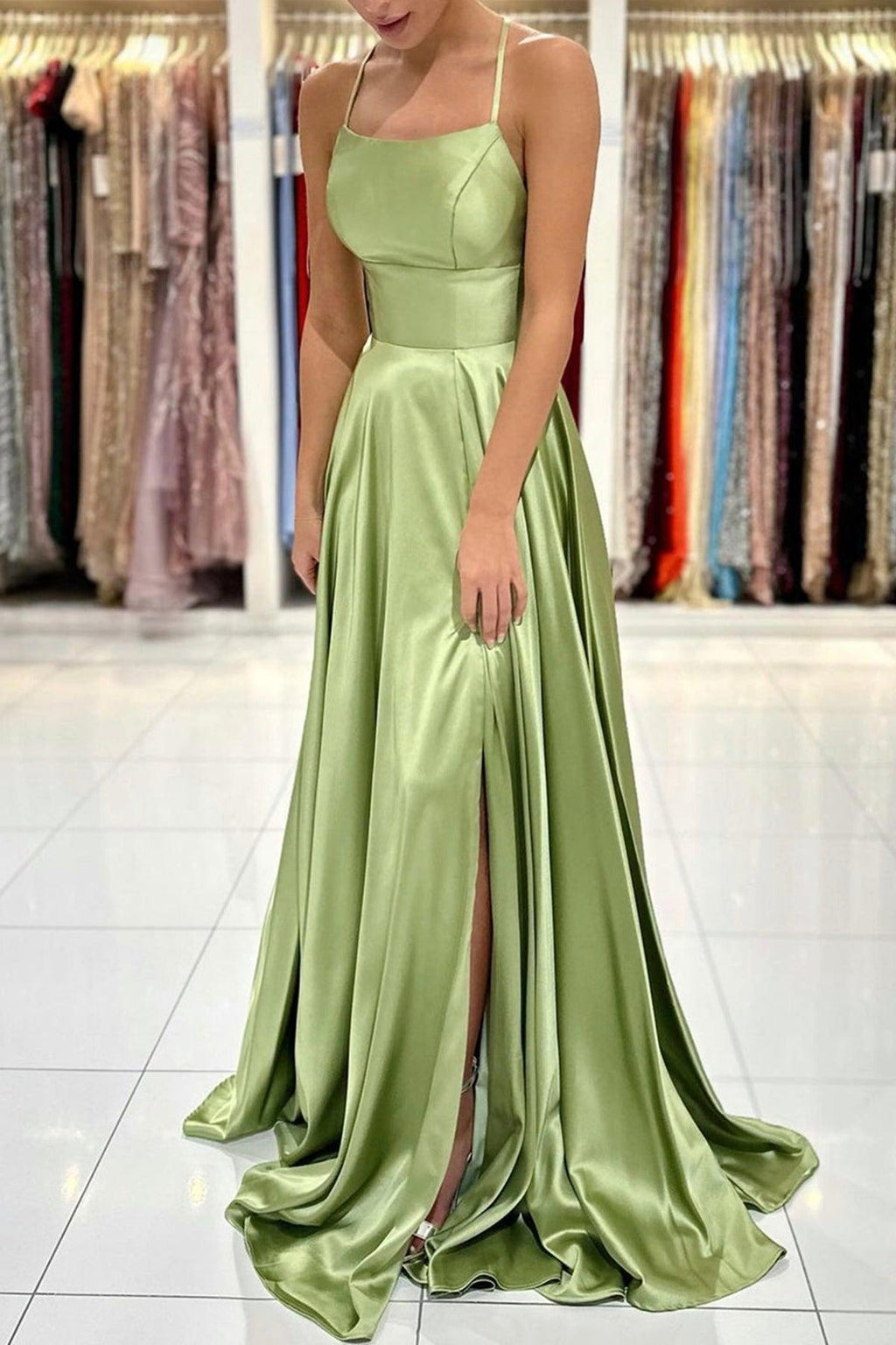 Green Satin Simple A Line Backless Long Prom Dresses with Leg Slit