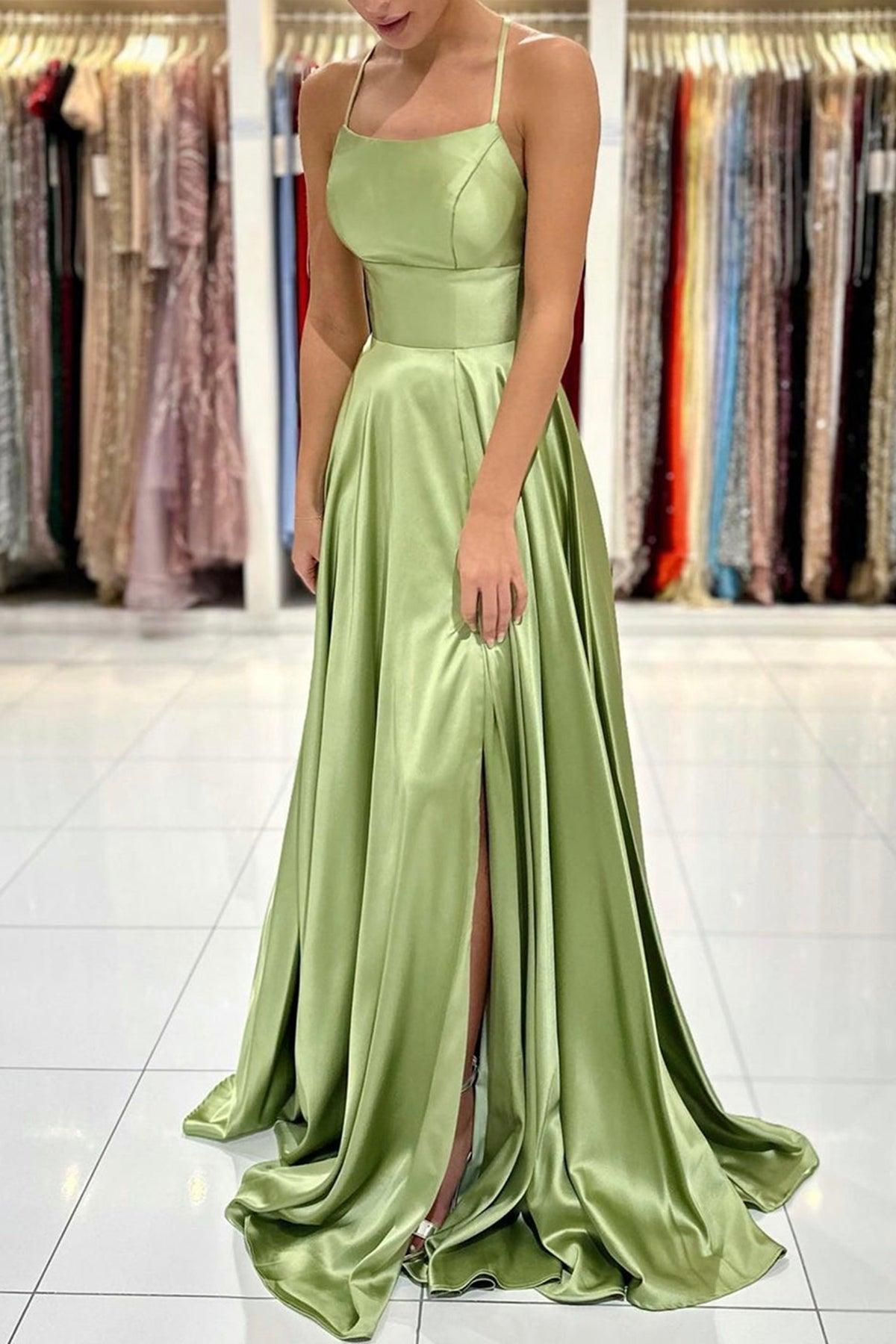 Green Satin Simple A Line Backless Long Prom Dresses with Leg Slit