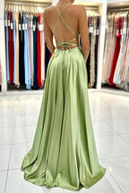Green Satin Simple A Line Backless Long Prom Dresses with Leg Slit