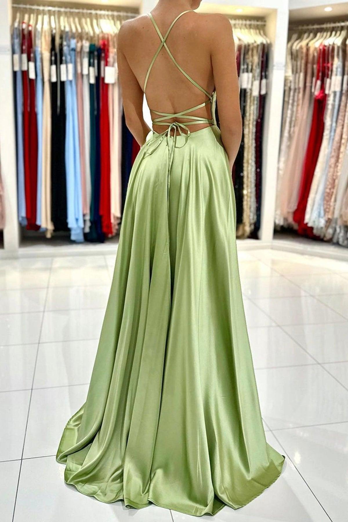 Green Satin Simple A Line Backless Long Prom Dresses with Leg Slit