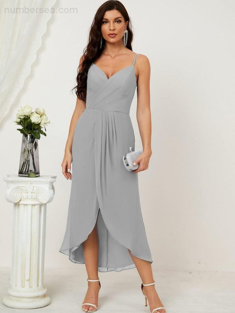 Numbersea Spaghetti Chiffon V Neck Bridesmaid Dress Mid-Length Slit Formal Prom Dress Homecoming Dress 2803-numbersea