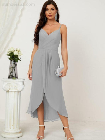 Numbersea Spaghetti Chiffon V Neck Bridesmaid Dress Mid-Length Slit Formal Prom Dress Homecoming Dress 2803-numbersea