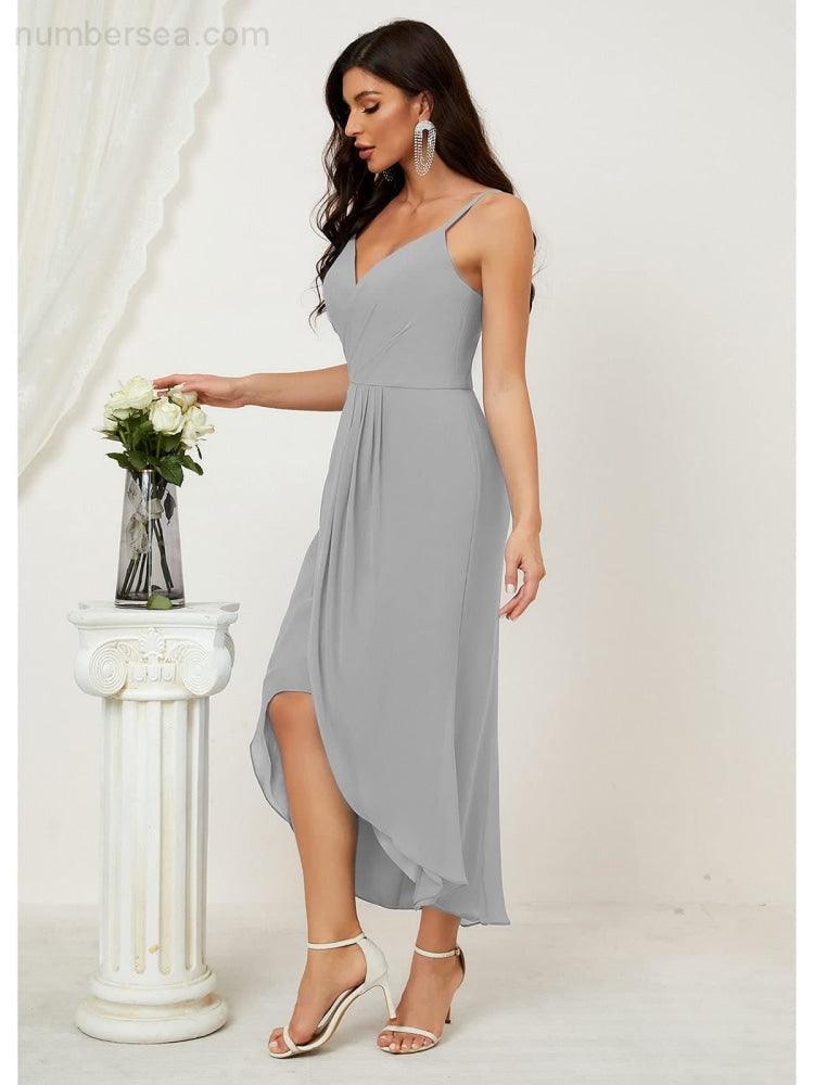 Numbersea Spaghetti Chiffon V Neck Bridesmaid Dress Mid-Length Slit Formal Prom Dress Homecoming Dress 2803-numbersea