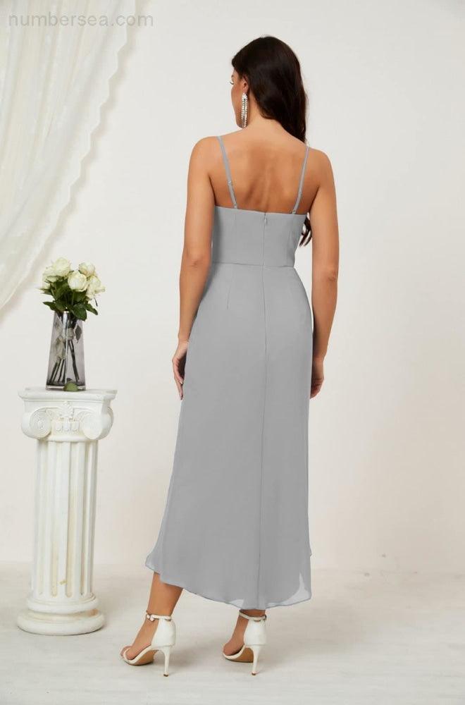 Numbersea Spaghetti Chiffon V Neck Bridesmaid Dress Mid-Length Slit Formal Prom Dress Homecoming Dress 2803-numbersea