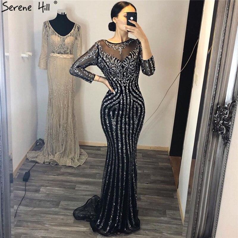 Vestido de noche gris de lujo con mangas largas y brillantes, estilo sirena, sexy, con cuentas de diamantes, vestido formal 2024, foto real LA6591 