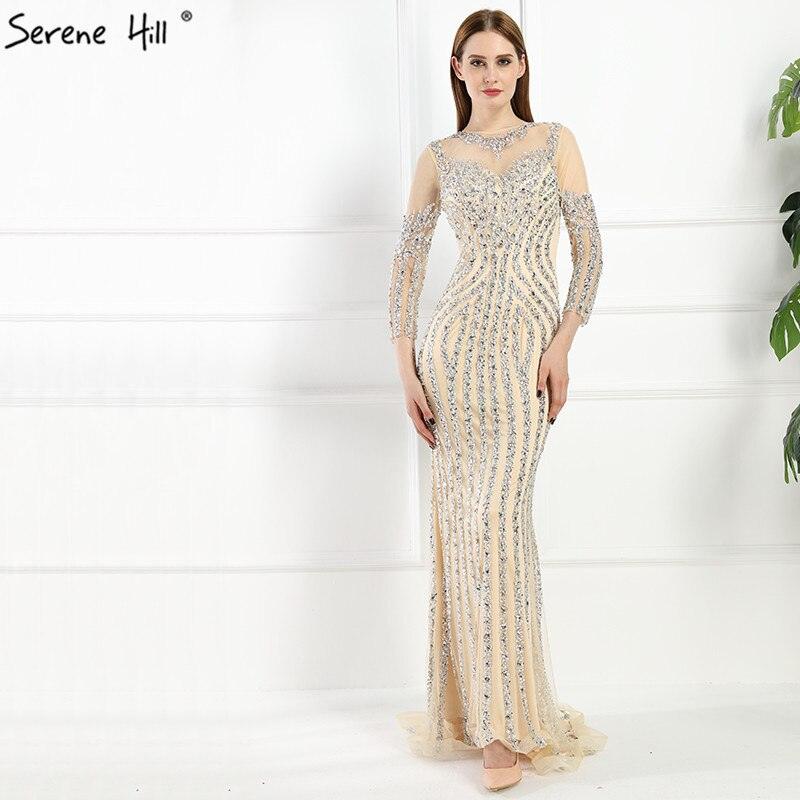 Vestido de noche gris de lujo con mangas largas y brillantes, estilo sirena, sexy, con cuentas de diamantes, vestido formal 2024, foto real LA6591 