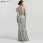 Vestido de noche gris de lujo con mangas largas y brillantes, estilo sirena, sexy, con cuentas de diamantes, vestido formal 2024, foto real LA6591 