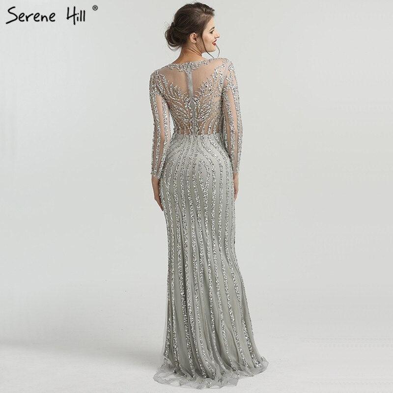 Vestido de noche gris de lujo con mangas largas y brillantes, estilo sirena, sexy, con cuentas de diamantes, vestido formal 2024, foto real LA6591 