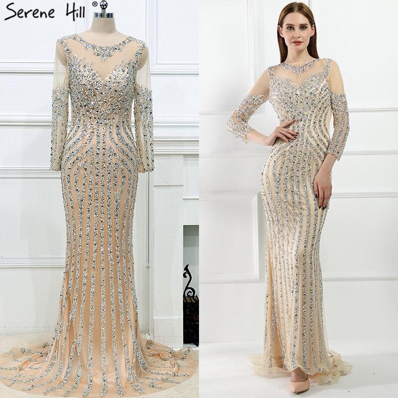 Vestido de noche gris de lujo con mangas largas y brillantes, estilo sirena, sexy, con cuentas de diamantes, vestido formal 2024, foto real LA6591 