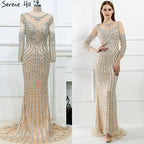 Vestido de noche gris de lujo con mangas largas y brillantes, estilo sirena, sexy, con cuentas de diamantes, vestido formal 2024, foto real LA6591 