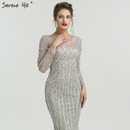 Vestido de noche gris de lujo con mangas largas y brillantes, estilo sirena, sexy, con cuentas de diamantes, vestido formal 2024, foto real LA6591 