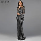 Vestido de noche gris de lujo con mangas largas y brillantes, estilo sirena, sexy, con cuentas de diamantes, vestido formal 2024, foto real LA6591 