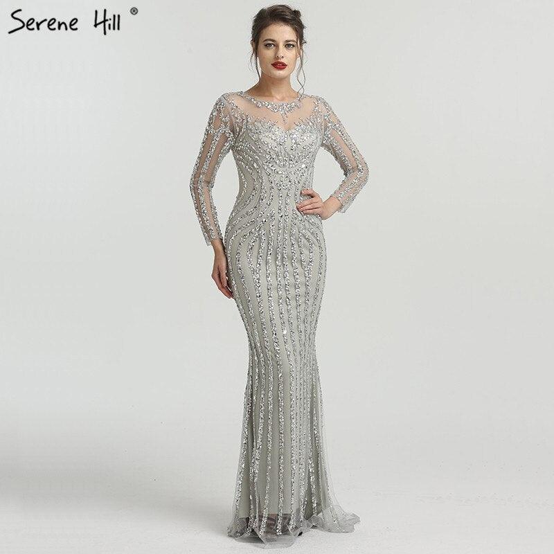 Vestido de noche gris de lujo con mangas largas y brillantes, estilo sirena, sexy, con cuentas de diamantes, vestido formal 2024, foto real LA6591 