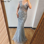 Grey Luxury V-Neck Mermaid Evening Dresses Design Dubai Full Diamond Sexy Formal Dress Serene Hill LA70063