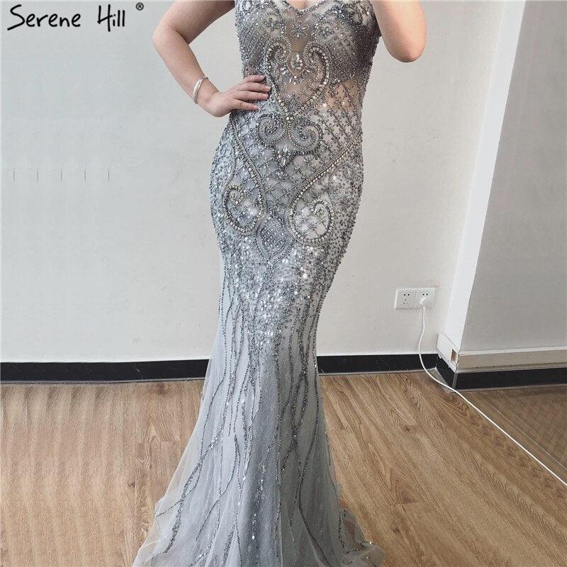 Grey Luxury V-Neck Mermaid Evening Dresses Design Dubai Full Diamond Sexy Formal Dress Serene Hill LA70063