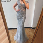 Grey Luxury V-Neck Mermaid Evening Dresses Design Dubai Full Diamond Sexy Formal Dress Serene Hill LA70063
