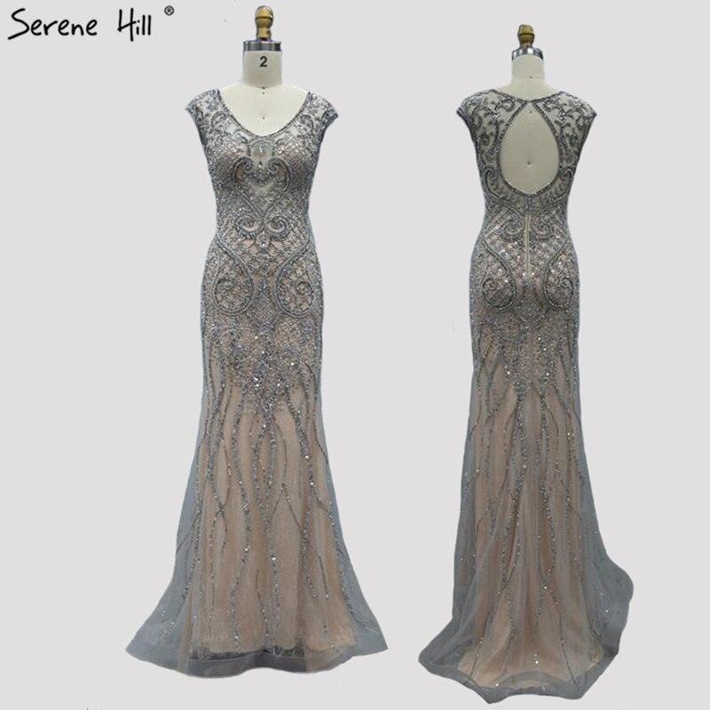 Grey Luxury V-Neck Mermaid Evening Dresses Design Dubai Full Diamond Sexy Formal Dress Serene Hill LA70063