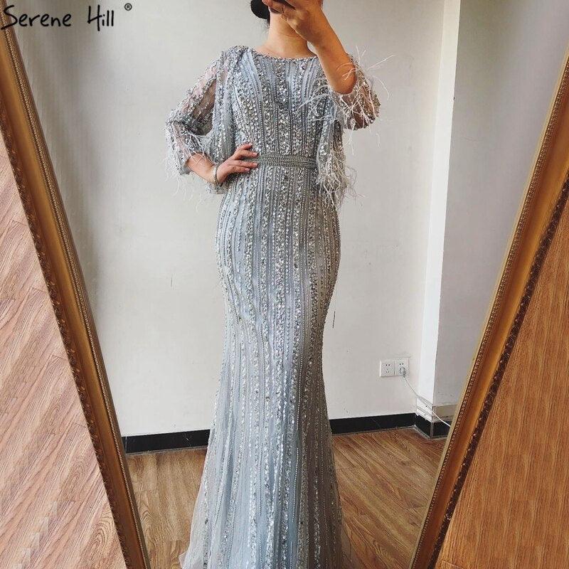 Grey Mermaid Long Sleeves Dubai Evening Dresses Luxury Diamond Beading O-Neck Formal Dress 2024 Serene Hill LA70503