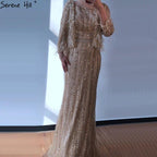 Grey Mermaid Long Sleeves Dubai Evening Dresses Luxury Diamond Beading O-Neck Formal Dress 2024 Serene Hill LA70503