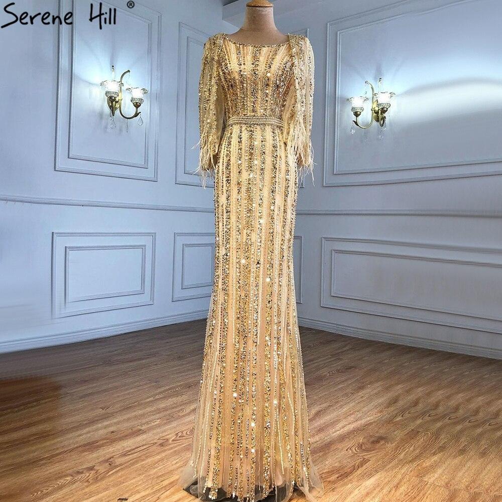 Grey Mermaid Long Sleeves Dubai Evening Dresses Luxury Diamond Beading O-Neck Formal Dress 2024 Serene Hill LA70503