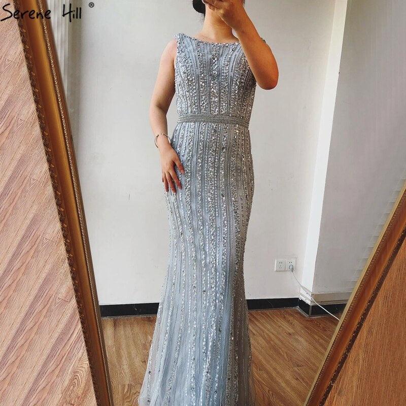 Grey Mermaid Long Sleeves Dubai Evening Dresses Luxury Diamond Beading O-Neck Formal Dress 2024 Serene Hill LA70503