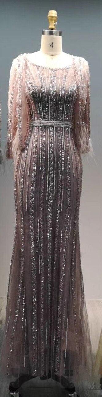 Grey Mermaid Long Sleeves Dubai Evening Dresses Luxury Diamond Beading O-Neck Formal Dress 2024 Serene Hill LA70503