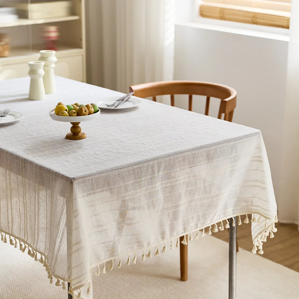 French cream linen/polyester tablecloth striped pattern dustproof reusable customizable luxury coffee table cover living room decoration