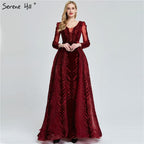 Weinrotes Abendkleid aus Samt mit langen Ärmeln, luxuriöses Design, Perlenbesatz, formelles Kleid 2024, Serene Hill, Übergröße LA60903 