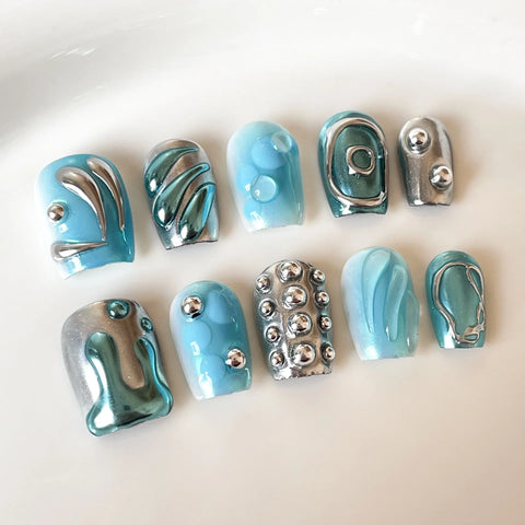 New Style Handmade Wear Nails Blue Fantasy Mermaid Tears Sweet Cool Hot Girl Short Nail Art