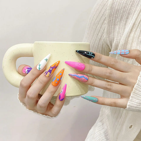 Hot Sale Popular Nail Art Design Colorful Long Pointed Almond Print False Nail Ballet Press on Nails