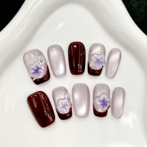 French Ice Translucent Cat-eye Lily-of-the-valley Three-dimensional Carved Short Nail Art
