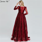 Weinrotes Abendkleid aus Samt mit langen Ärmeln, luxuriöses Design, Perlenbesatz, formelles Kleid 2024, Serene Hill, Übergröße LA60903 