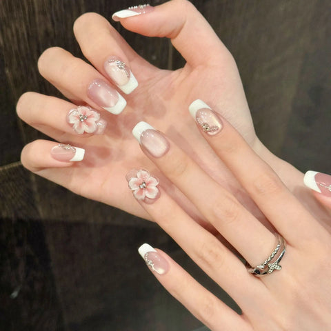 Handcrafted Manufacturer 3D Floral Cat-eye French Manicure That Highlights Fair Skin