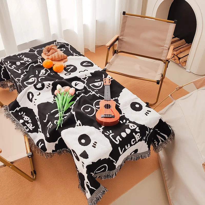Printed reversible camping blanket black and white briquettes abstract geometric cover tablecloth