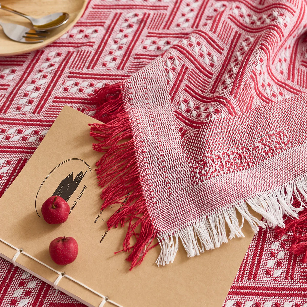 Holiday style multi-size rectangular tablecloth knitted cotton yarn with fringed table cover