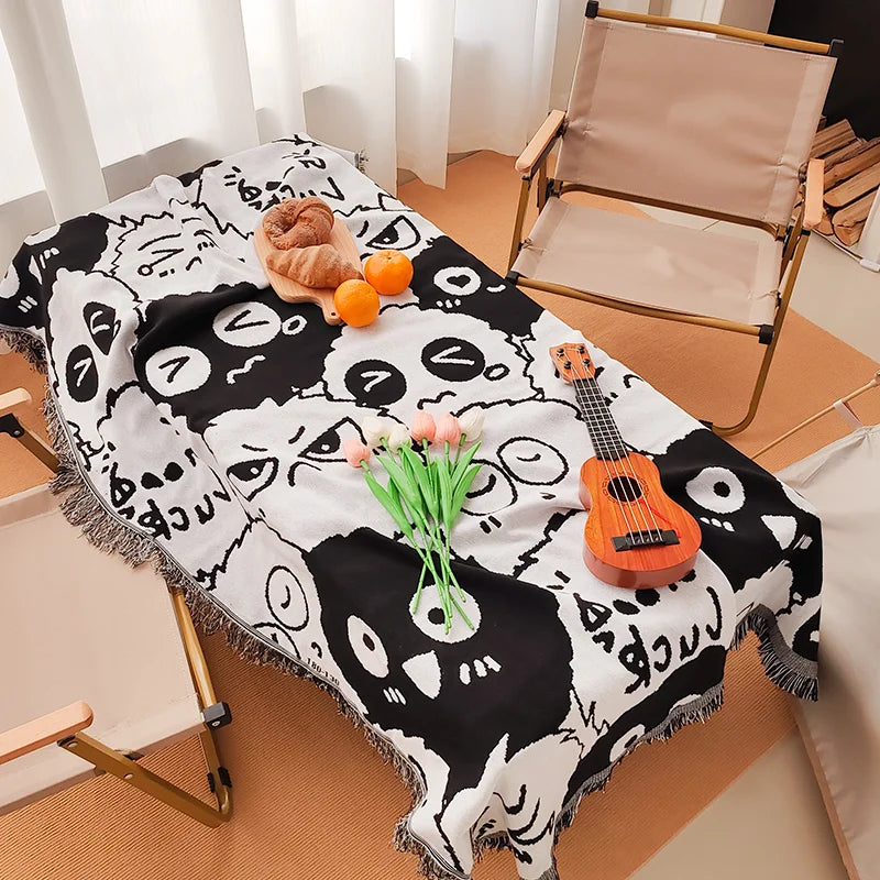 Printed reversible camping blanket black and white briquettes abstract geometric cover tablecloth