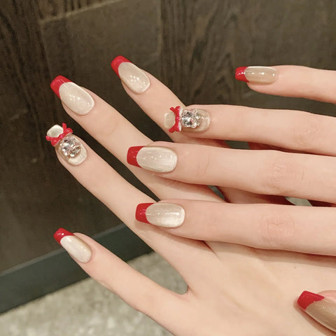 High Quality  Dense Cat-eye Minimalist Red French Short Everyday Handcrafted Nail Art