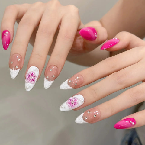 New Style 3D Press on Nails Hand-painted Strawberry Egg Flower Nails for Spring and Summer, Fully Handmade