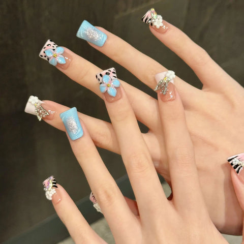 Own Brand Custom Design Short Duckbill 3D Floral Flower Handmade Nail Art