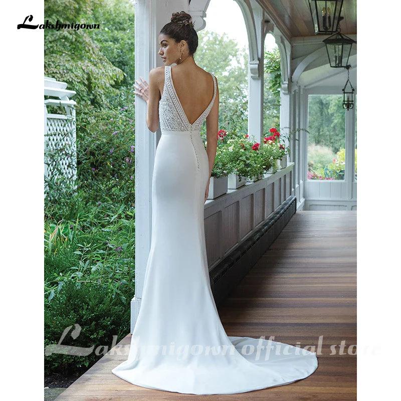 Sexy rückenfreies Brautkleid, figurbetontes Crepe-Kleid mit durchgehendem Spitzenmieder, Brautkleider, Robe Femme, NumberSea 