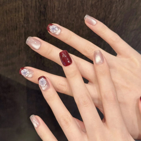 French Ice Translucent Cat-eye Lily-of-the-valley Three-dimensional Carved Short Nail Art