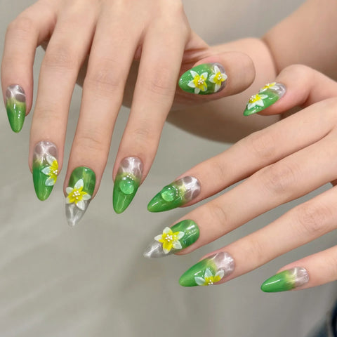 Green embossed floral wavy cat-eye handmade wearable nails