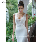 Sexy rückenfreies Brautkleid, figurbetontes Crepe-Kleid mit durchgehendem Spitzenmieder, Brautkleider, Robe Femme, NumberSea 