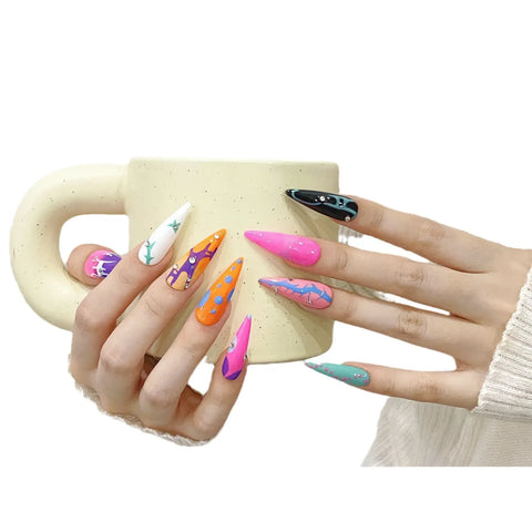 Hot Sale Popular Nail Art Design Colorful Long Pointed Almond Print False Nail Ballet Press on Nails